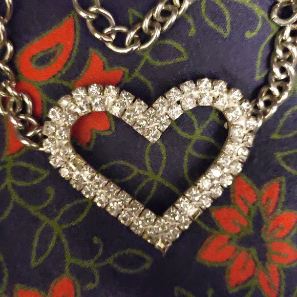 SOLD Statement Heart Rhinestone Open Pendant Silvertone Necklace - Picture 4 of 7